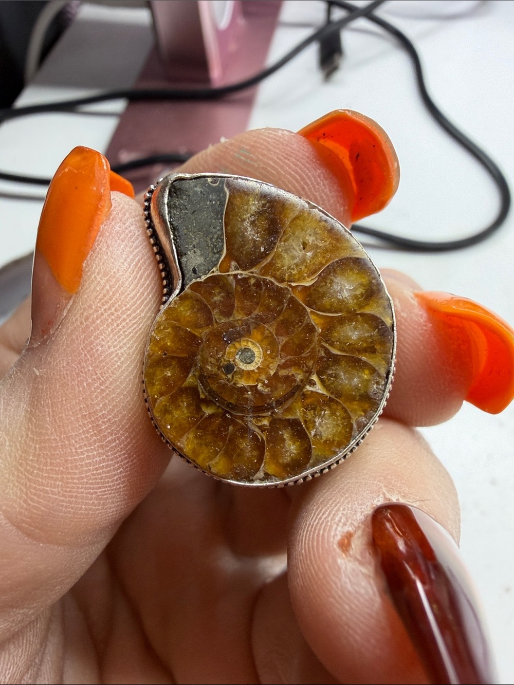 Hand Crafted Ammonite Spiral Statement Ring in Amber and Silver